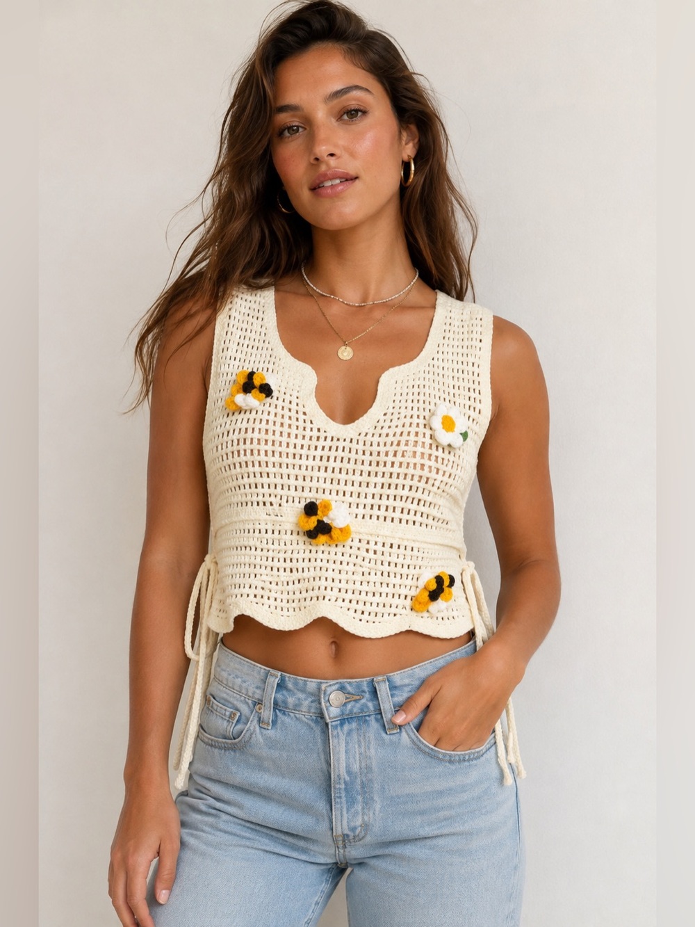 Haute Hippie Style Ivory Crochet Bee & Daisy Tie-Side Crop Top One Size